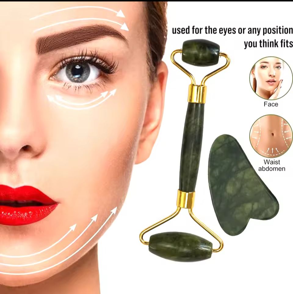 2PCS Natural Jade Stone Gua Sha Face Roller & Scraper Set – Beauty Skincare Tool for Facial Massage, Neck Slimming & Body Relaxation