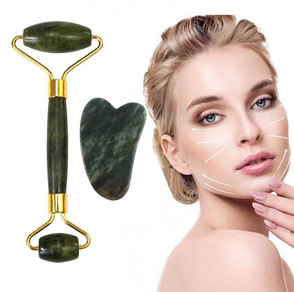 2PCS Natural Jade Stone Gua Sha Face Roller & Scraper Set – Beauty Skincare Tool for Facial Massage, Neck Slimming & Body Relaxation