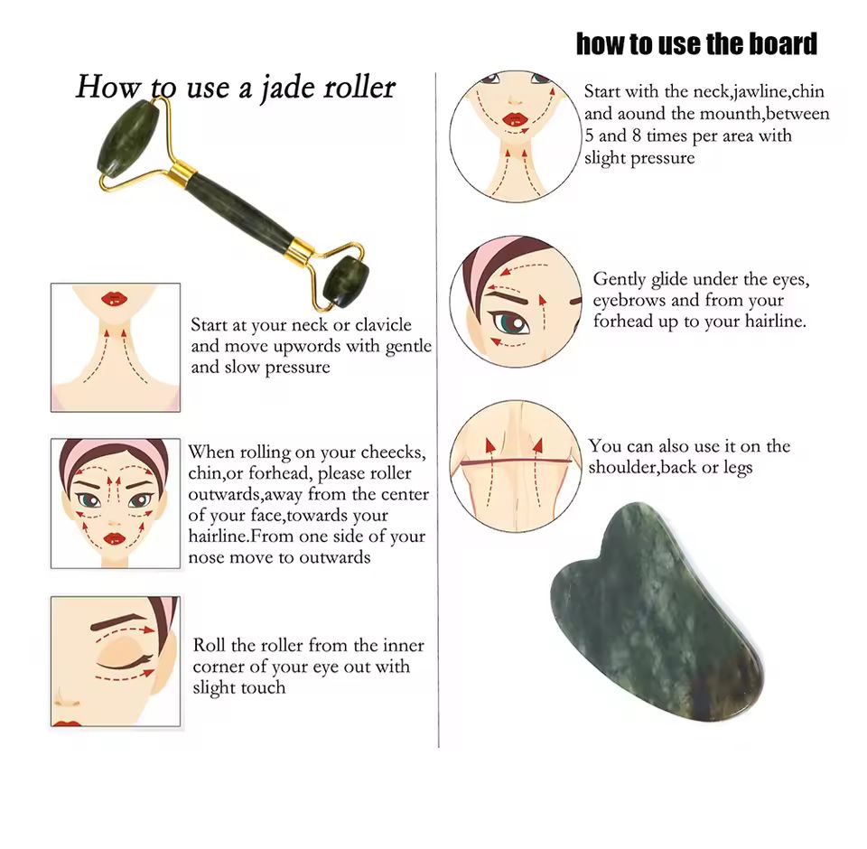 2PCS Natural Jade Stone Gua Sha Face Roller & Scraper Set – Beauty Skincare Tool for Facial Massage, Neck Slimming & Body Relaxation