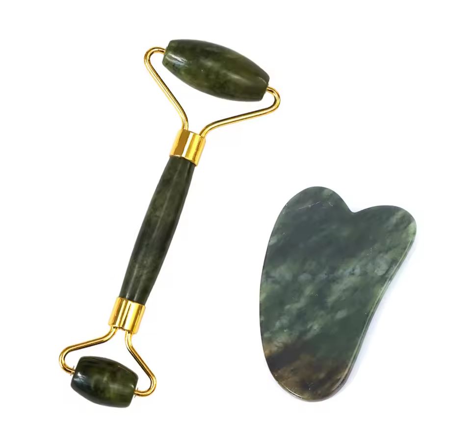 2PCS Natural Jade Stone Gua Sha Face Roller & Scraper Set – Beauty Skincare Tool for Facial Massage, Neck Slimming & Body Relaxation