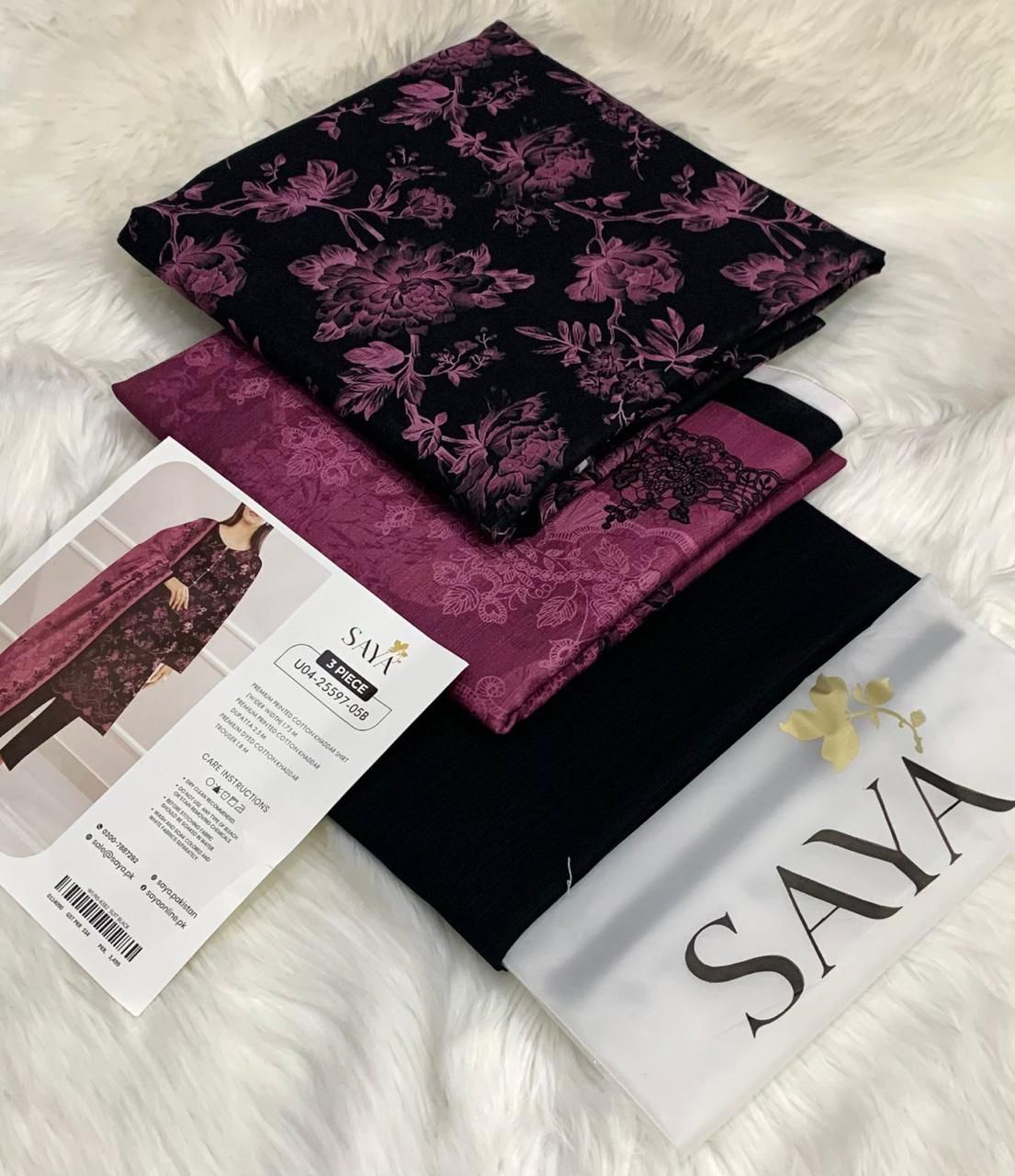 Saya 3 Piece Soft Khaddar Suit | Printed Khaddar Shirt, Dyed Trouser & Fancy Khaddar Dupatta | Original Outlet Stock