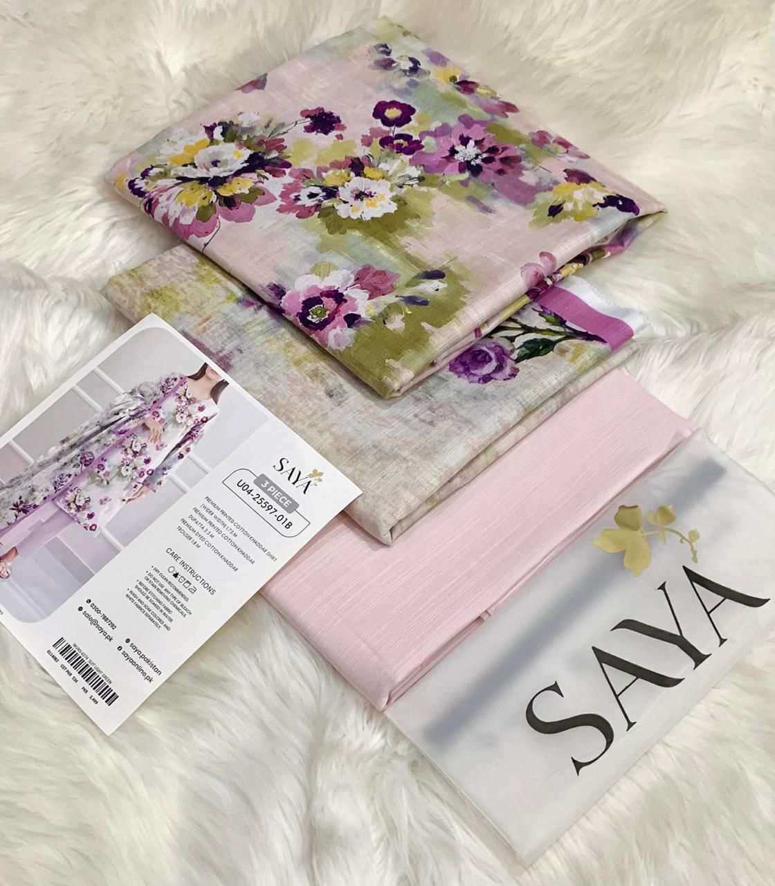 Saya 3 Piece Soft Khaddar Suit | Printed Khaddar Shirt, Dyed Trouser & Fancy Khaddar Dupatta | Original Outlet Stock