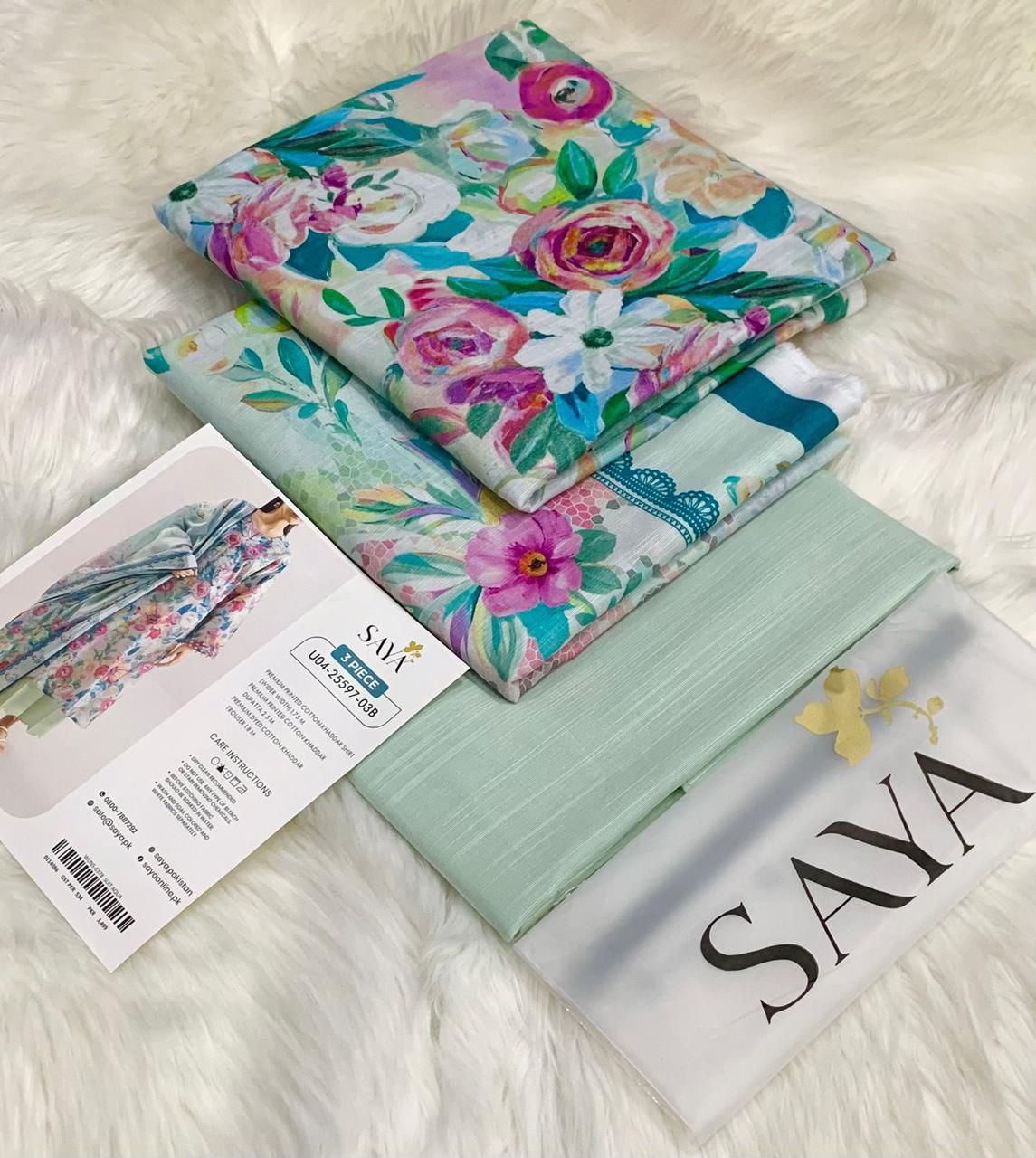 Saya 3 Piece Soft Khaddar Suit | Printed Khaddar Shirt, Dyed Trouser & Fancy Khaddar Dupatta | Original Outlet Stock