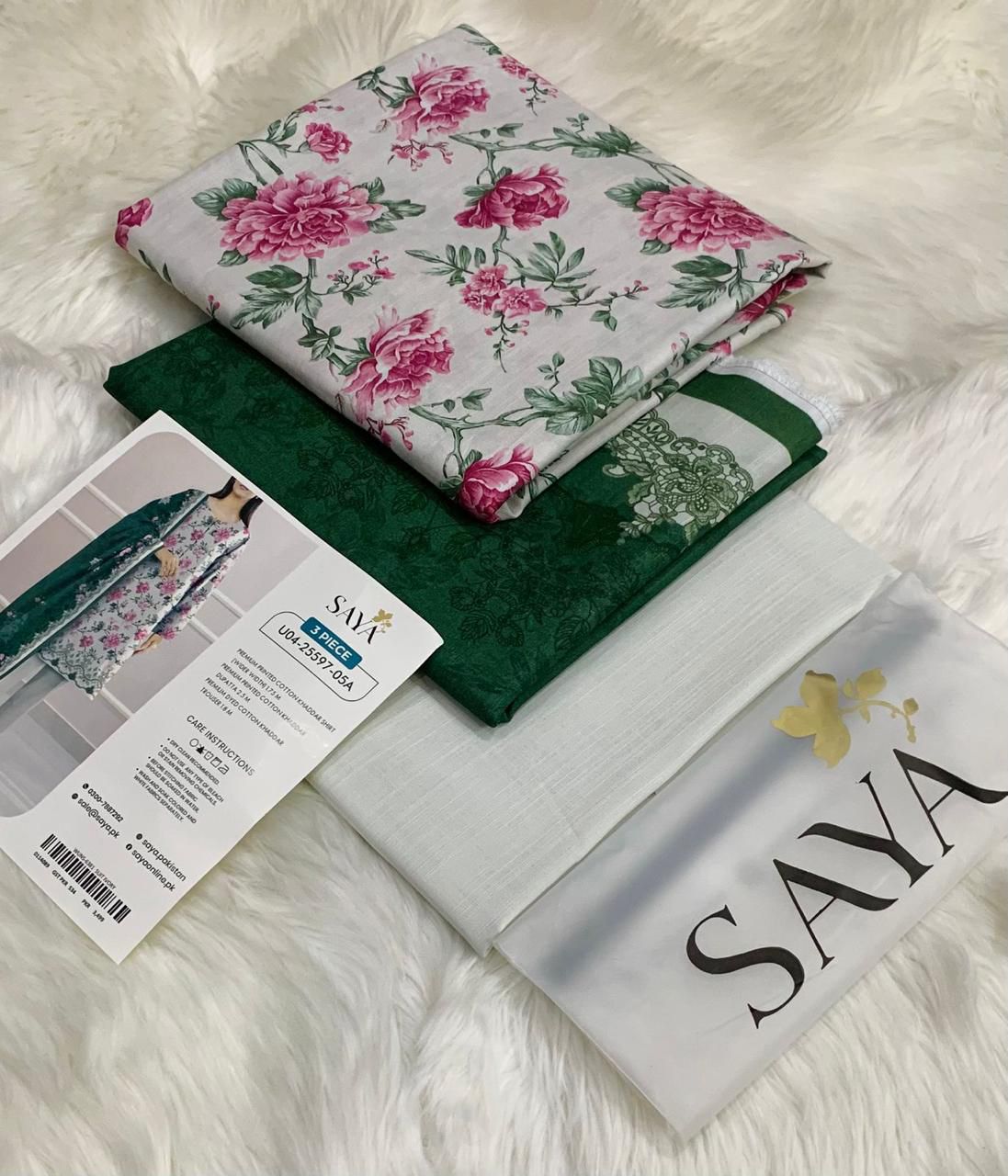 Saya 3 Piece Soft Khaddar Suit | Printed Khaddar Shirt, Dyed Trouser & Fancy Khaddar Dupatta | Original Outlet Stock